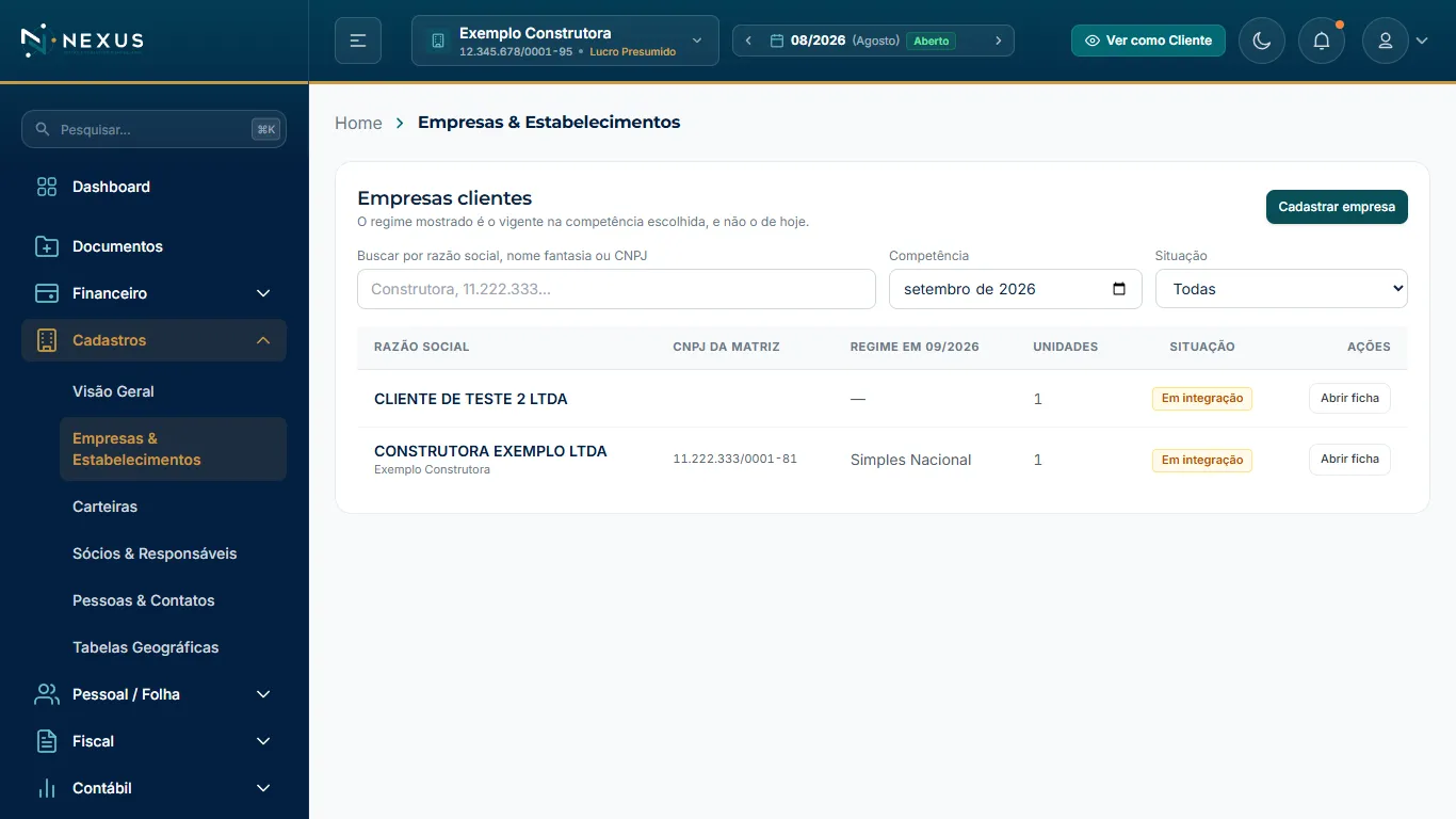 Listagem de empresas clientes com filtro de competência e busca