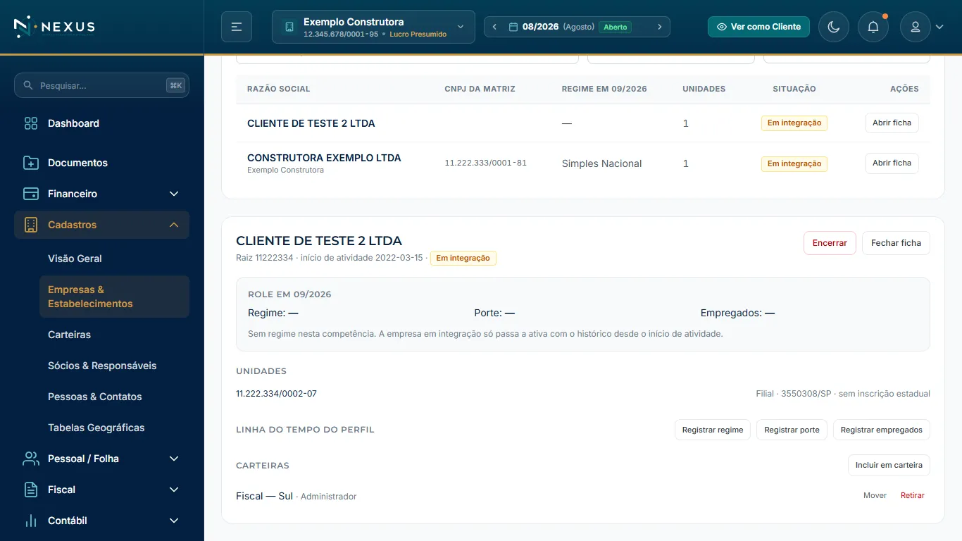 Ficha cadastral completa da empresa com regime, unidades e carteiras