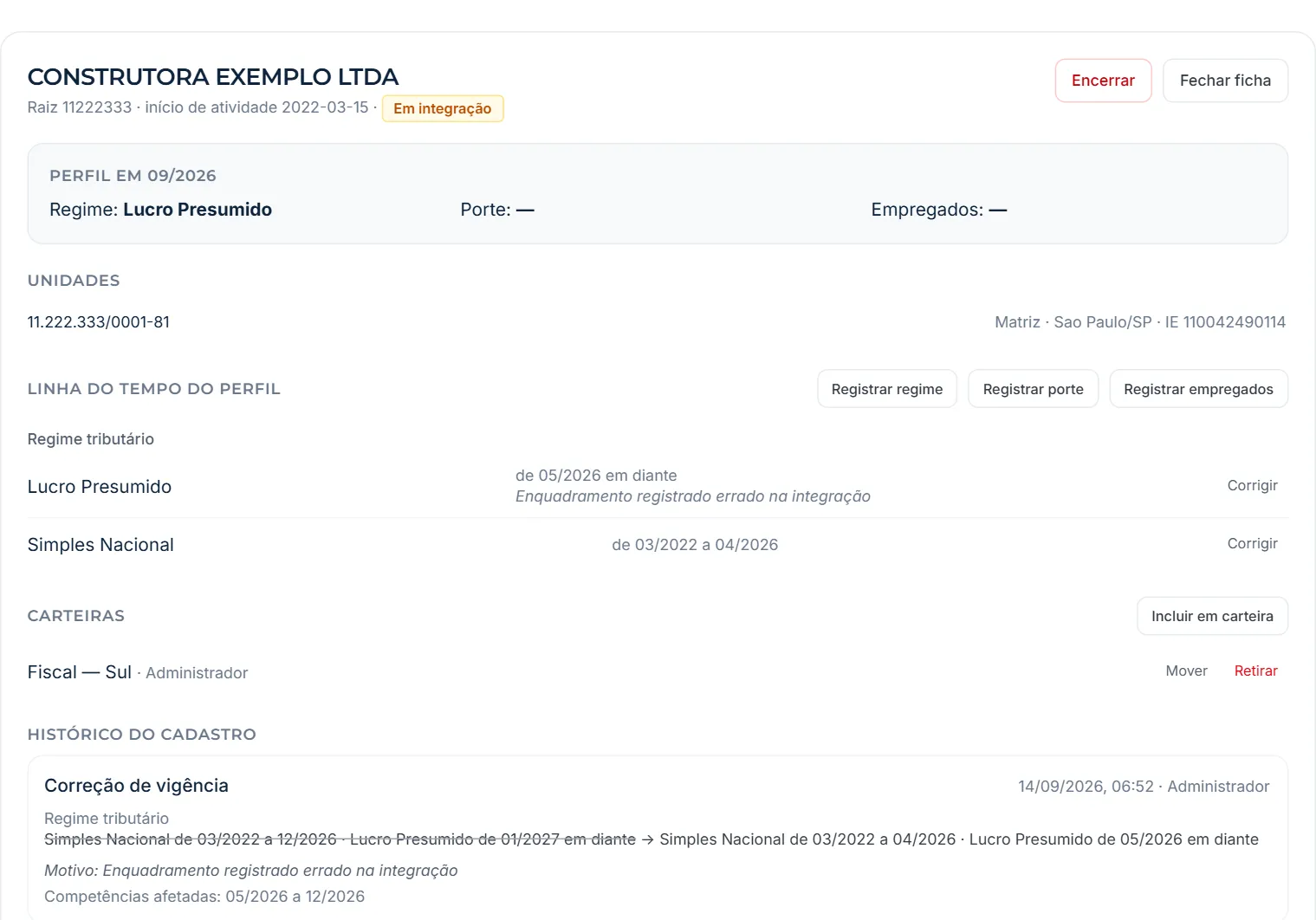 Ficha corrigida, com o histórico do cadastro mostrando a correção de vigência