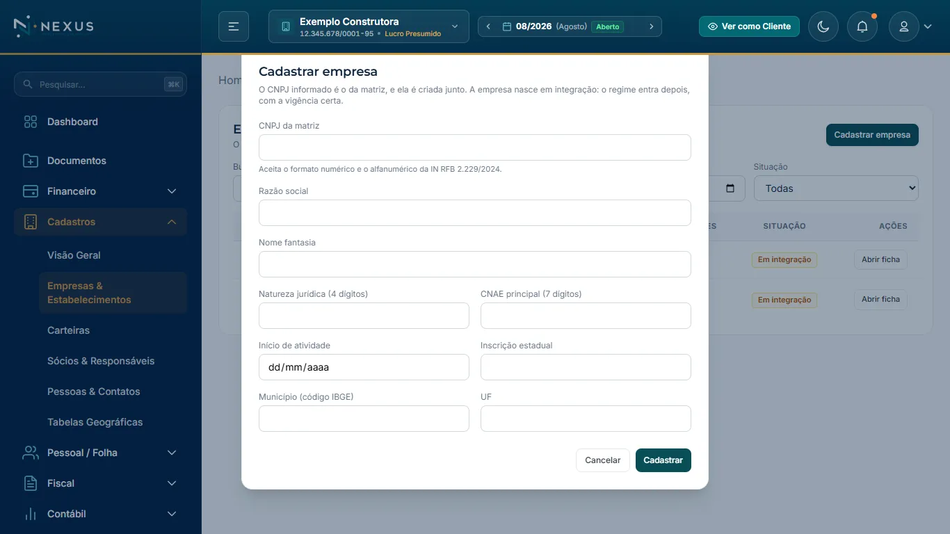 Modal de cadastro de nova empresa cliente