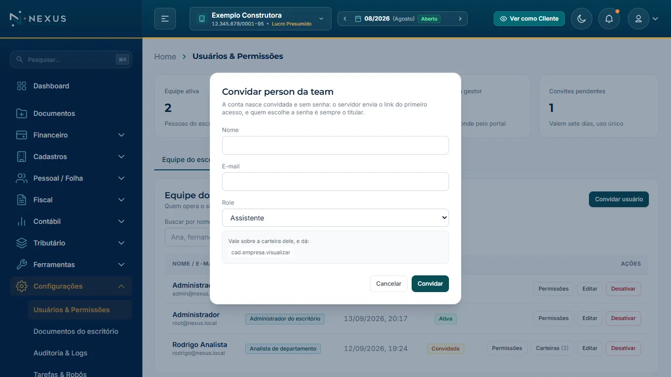 Modal de convite de novo usuário para a equipe
