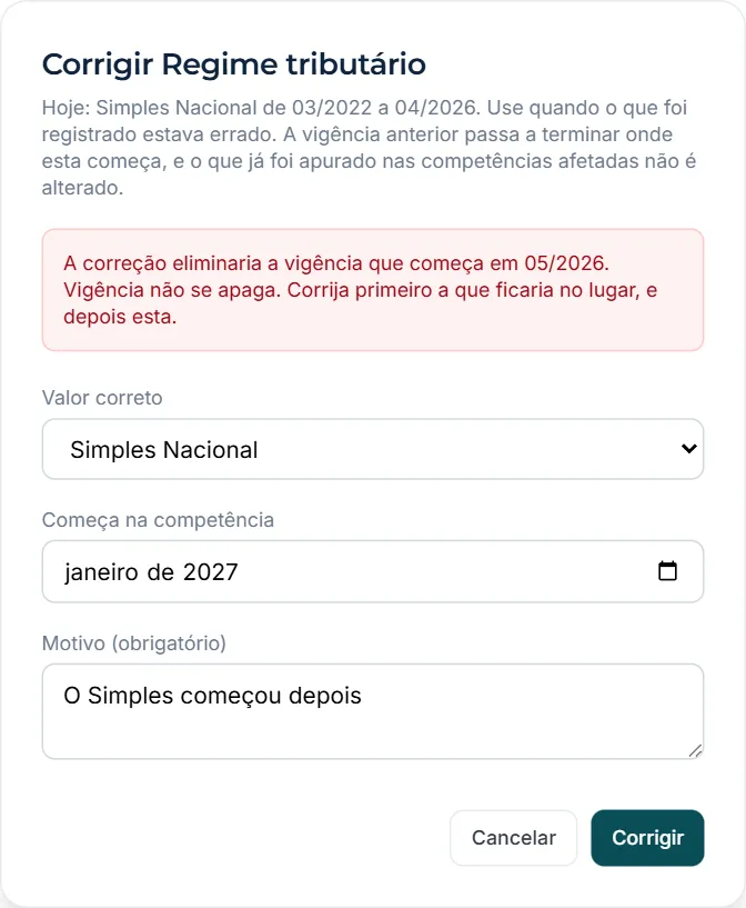 Janela de correção com a recusa: a correção eliminaria outra vigência