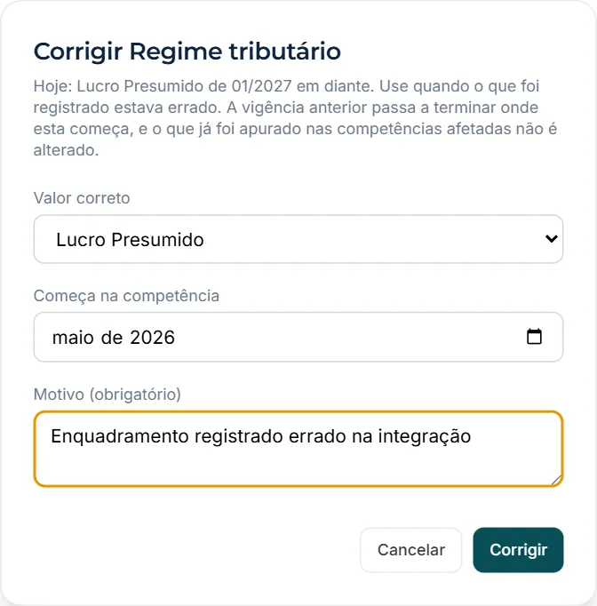 Janela de correção preenchida: Lucro Presumido a partir de maio de 2026, com o motivo