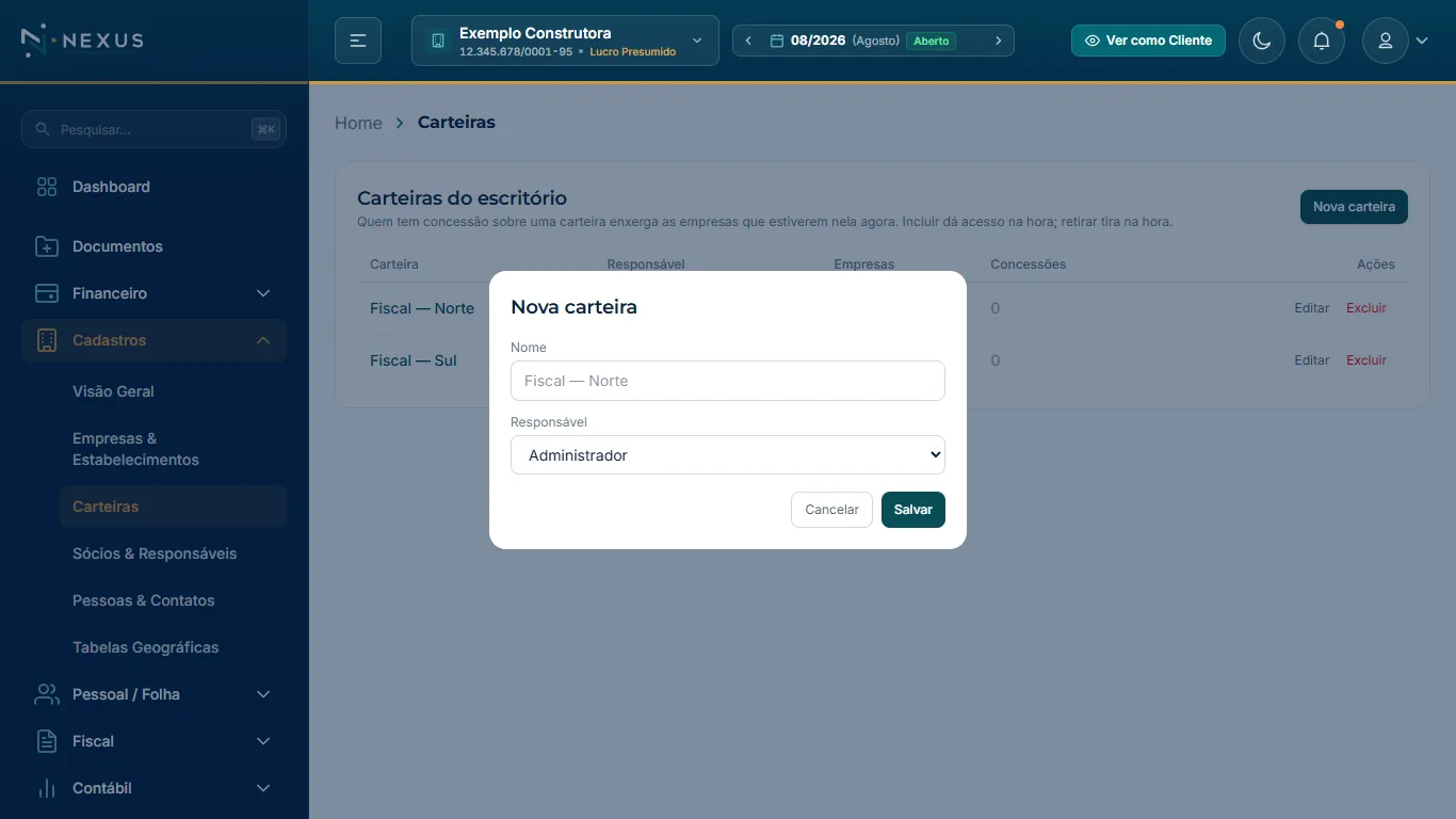 Modal de cadastro de nova carteira do escritório