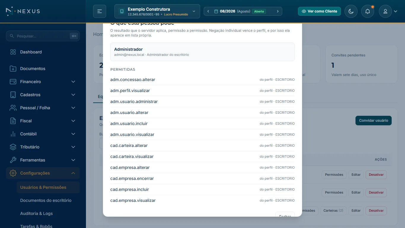 Modal de visualização de permissões detalhadas da pessoa