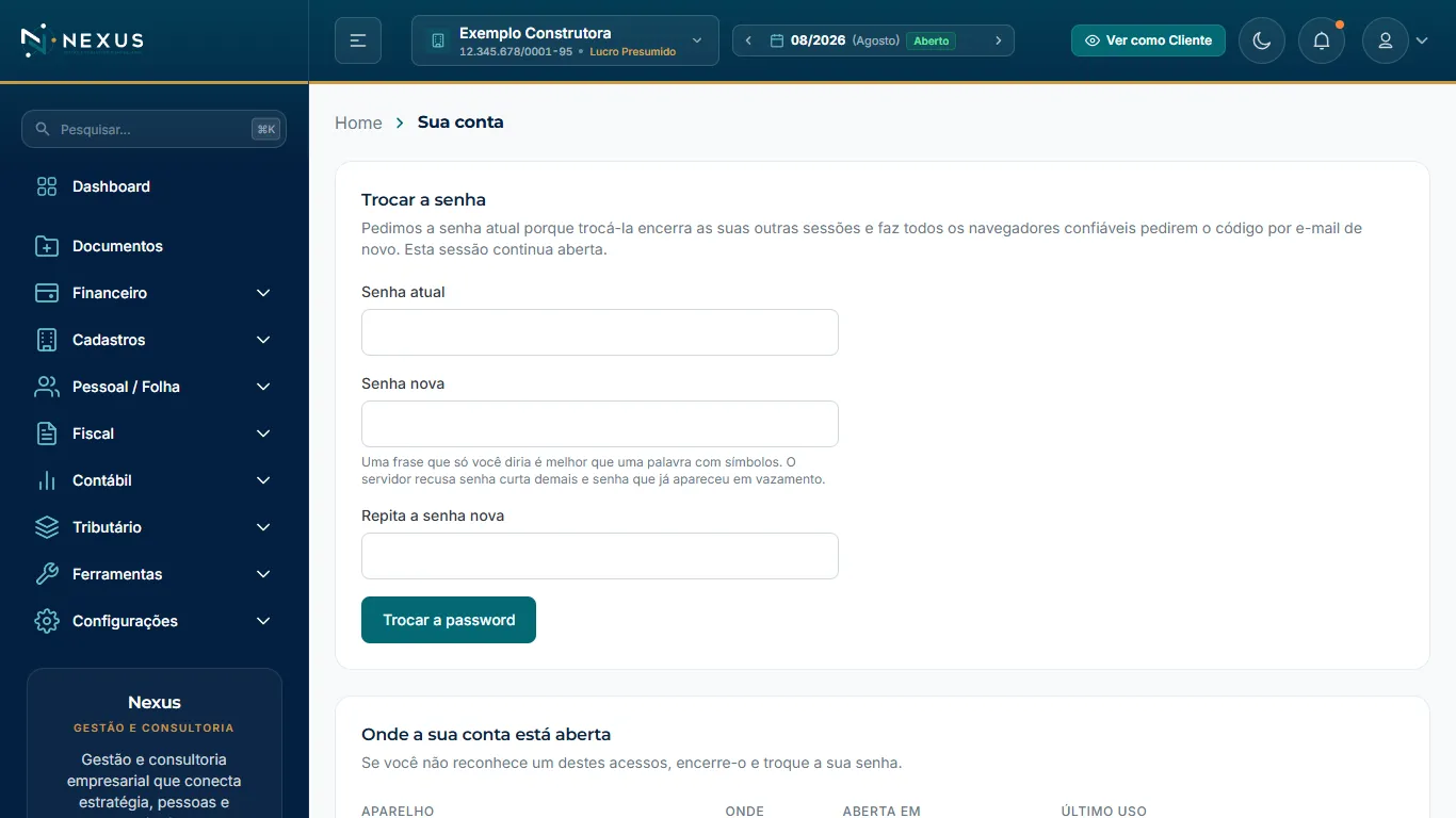 Tela de gerenciamento da conta pessoal, sessões ativas e navegadores confiáveis